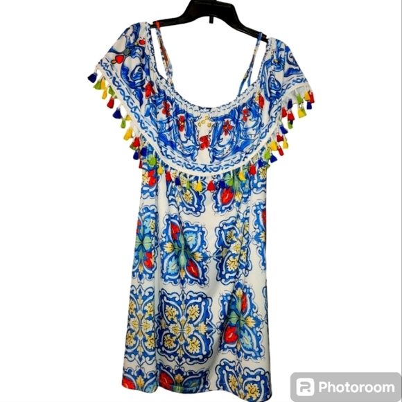 Boston Proper Dresses & Skirts - Boston Proper Silky Multi-Colored Cold Shoulder Tassel Trim Sundress Size XL
